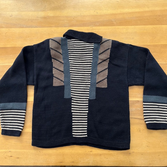 Vintage Sandra Miller Hand Loomed Striped Sweater Neutral Asymmetrical Abstract - Picture 7 of 11